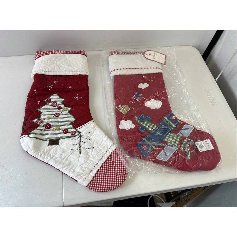 New Lot of 2 Pottery Barn Kids Red Quilted Christmas Stocking Plane Tree 20x11